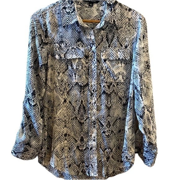 Zac & Rachel Women’s Snake Skin Print Black, Grey & White Button Up Blouse Small - Picture 1 of 10